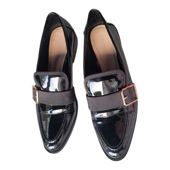 ZARA TRAFALUC Black Patent Buckle Slip On Loafers. - Picture 2 of 8